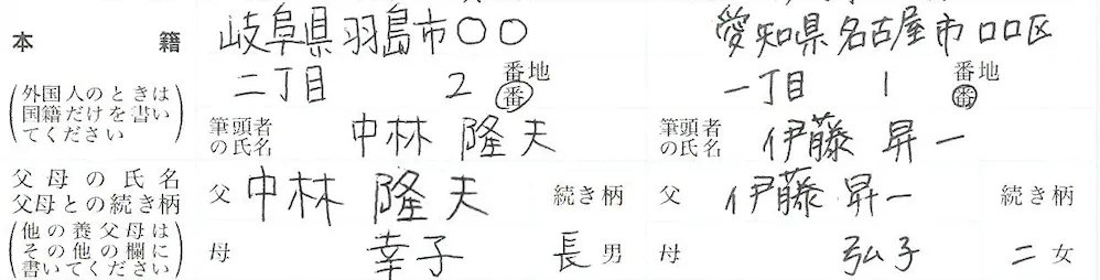 ④2人の本籍・世帯主の氏名