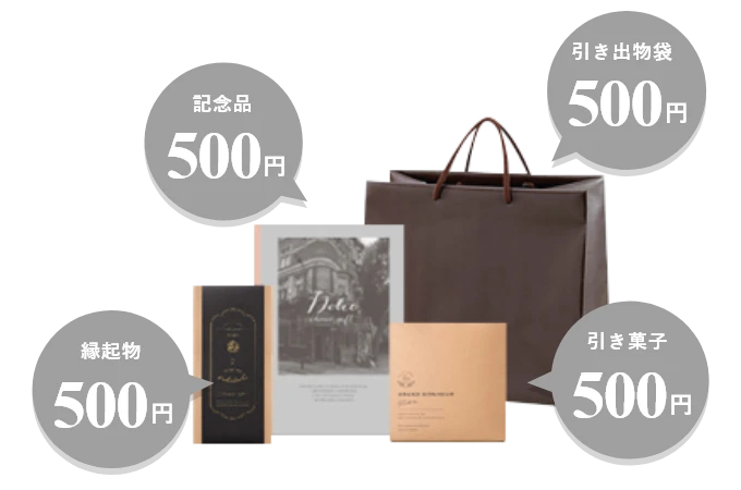 記念品・縁起物・引き菓子・引き出物袋、それぞれ500円の持ち込み料がかかります。