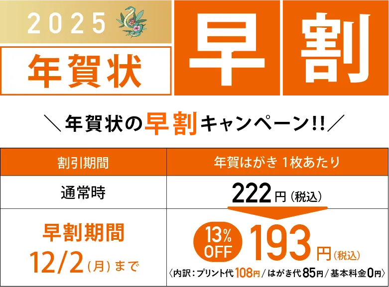 2025年賀状早割 12月2日（月）まで1枚あたり通常222円が13%OFFで193円