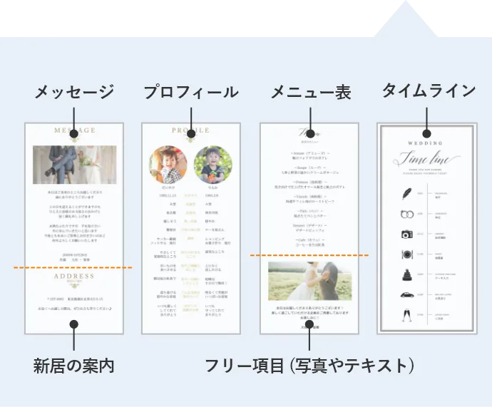 フリー項目面のカスタマイズ例：メッセージ・プロフィール・メニュー表・タイムライン