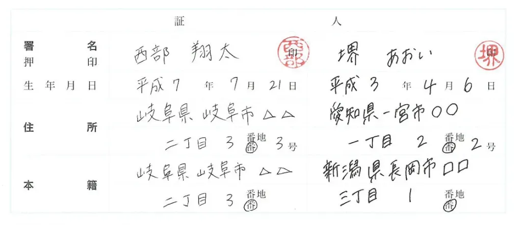 10. 証人の署名・住所・本籍｜18歳以上の成人2名に自筆で書いてもらう