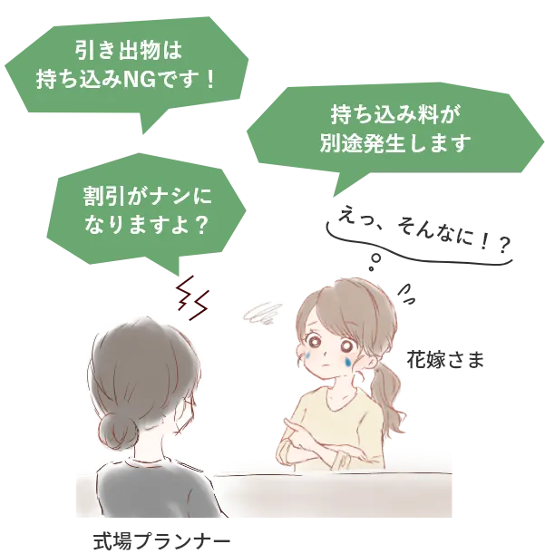 「引き出物は持ち込みNGです」「持ち込み料が別途発生します」「割引がナシなりますよ？」と式場プランナーに言われ、驚く花嫁さまのイラストイメージ