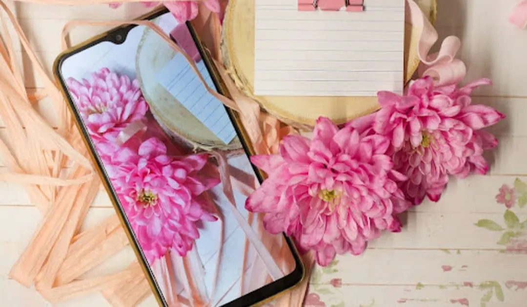 スマートフォンで写す花と便箋