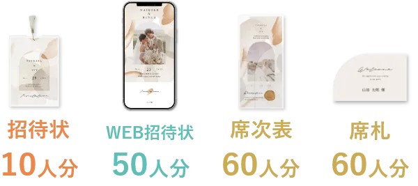 招待状10人分 WEB招待状50人分 席次表60人分 席札60人分